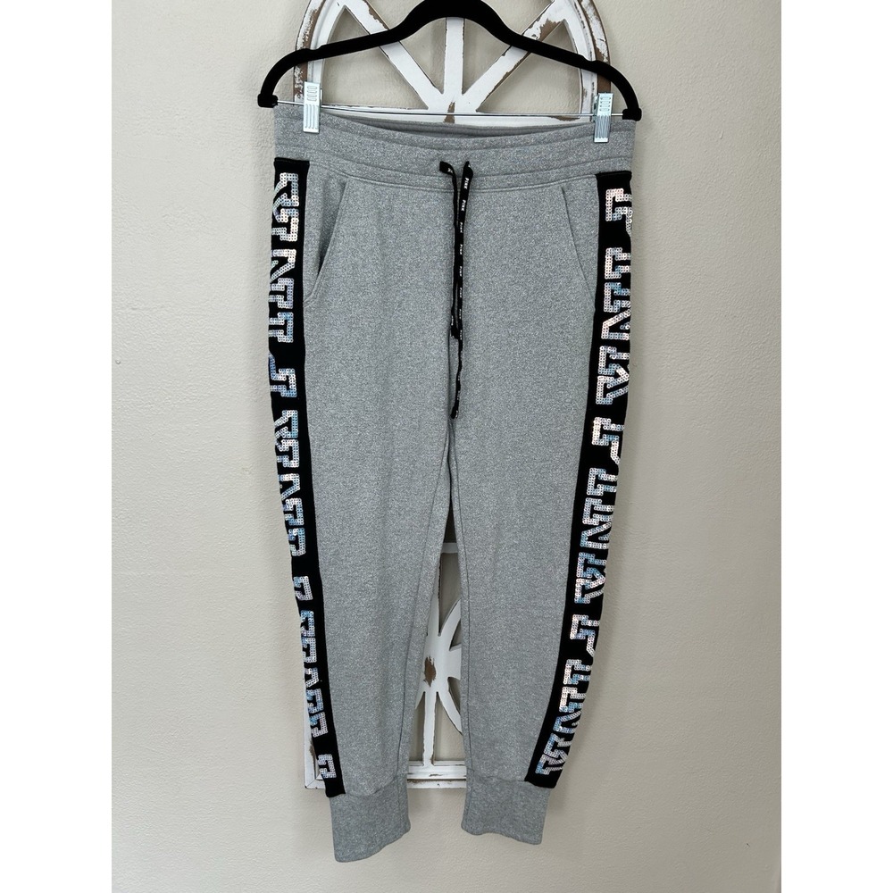 Pink Victorias Secret MEDIUM Silver Sparkly Sequin Bling Spellout Jogger